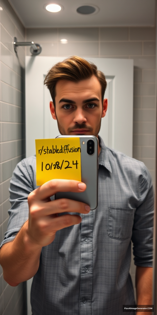 Man in a meticulously detailed bathroom, capturing a mirror selfie with the latest iPhone. He's holding a vibrant yellow post-it note displaying "r/stablediffusion" and "10/08/24". Hyper-realistic style with precise lighting, reflections, and textures. Verification-style composition, natural color palette. Subtle tension in expression, modern tech-savvy atmosphere.