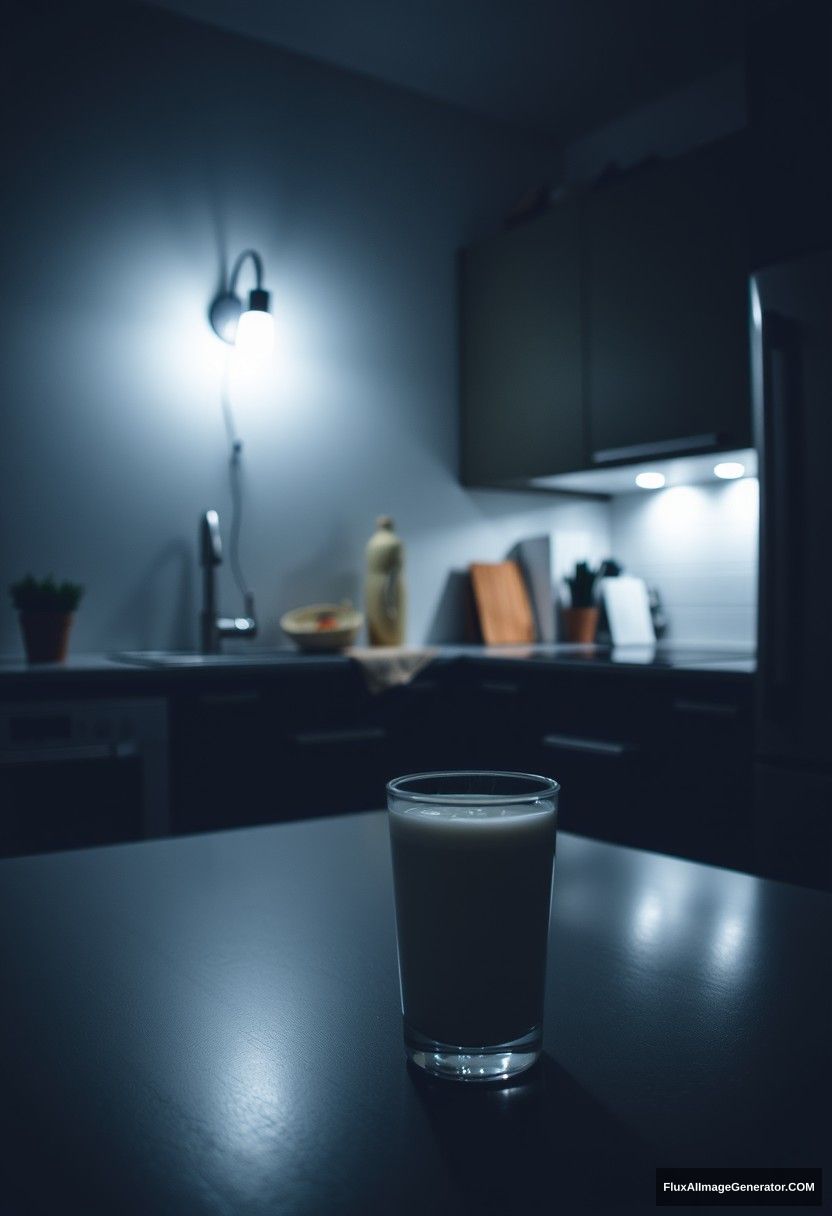 At a modern kitchen, at midnight, gloomy lighting from a lamp, fresh milk in a glass on a table.