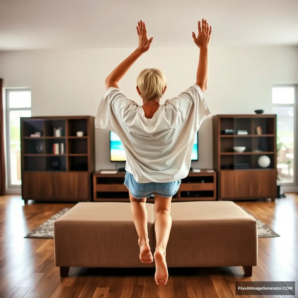 Side view angle of a skinny blonde woman in her massive living room, wearing a massively oversized white t-shirt that is also very off balance on one of the sleeves. She's in oversized light blue denim shorts, without shoes or socks. Facing her TV, she dives head first into it with both arms raised below her head and legs high up in the air, at a 60-degree angle.