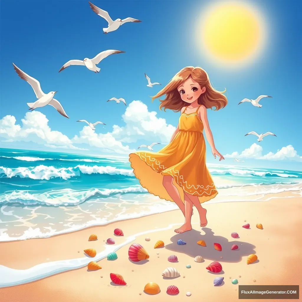 A girl on a beach, wearing a bright sundress, her hair flowing in the wind, playing with colorful seashells scattered on the sand, under a radiant sun, with gentle waves lapping at her feet, surrounded by lively seagulls flying overhead, composition framing the girl with the vast ocean in the background, evoking a sense of carefree joy and summer bliss, in a bright and airy illustration, capturing the warmth and happiness of a perfect day by the sea. --ar 16:9 --v 5 - Image