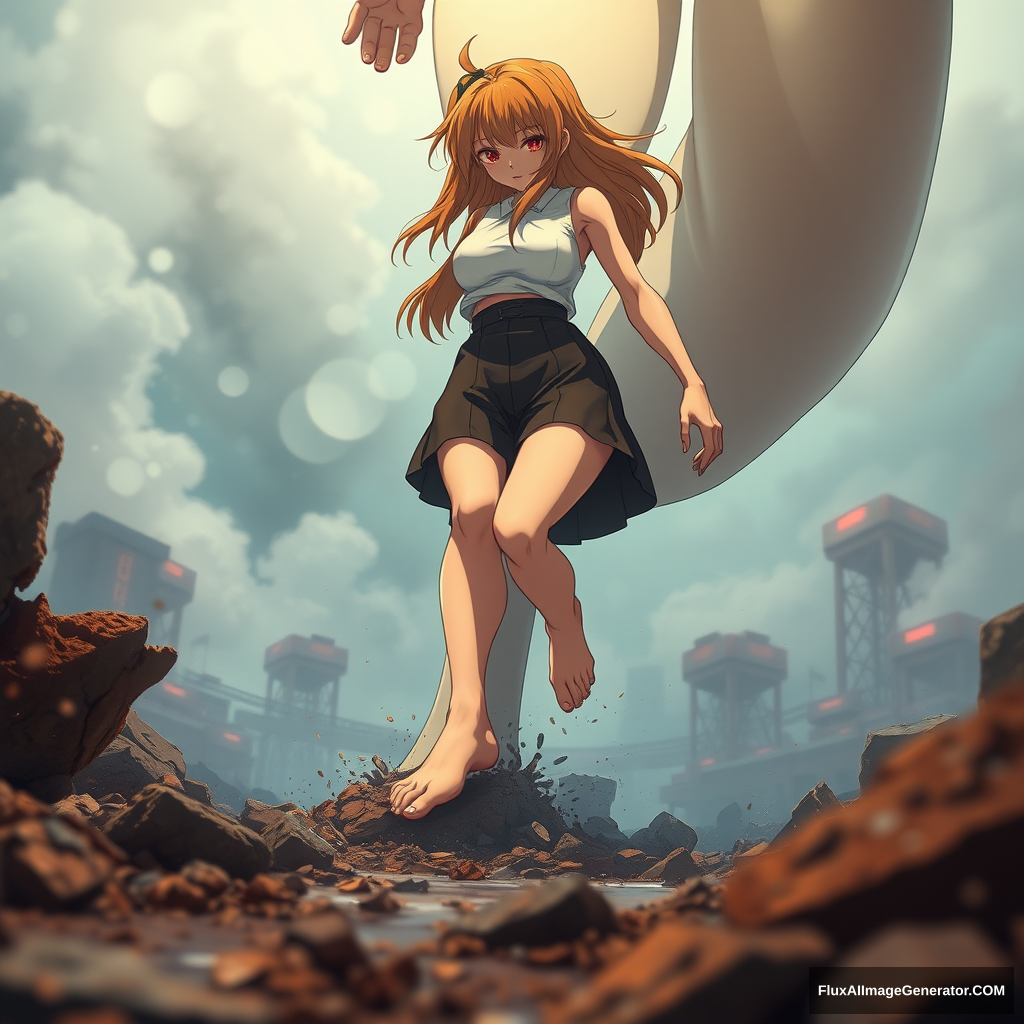 a gigantic, growing anime woman, massive upper body, stomping her foot on a crushed city, barefoot, depth of field bokeh, smoke, debris, motion blur, water droplets, fog