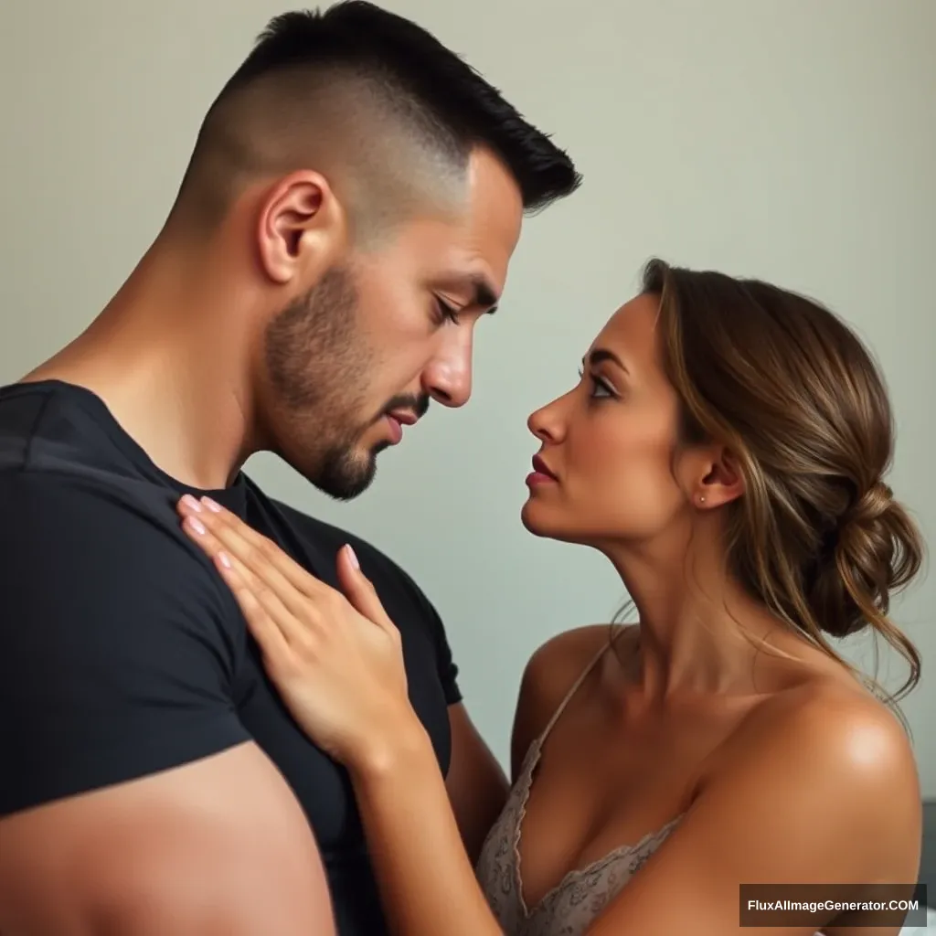 A pretty small delicate and slim lady hypnotizing her much bigger and muscular boyfriend in a session, looking directly into his eyes, her eyes are powerful and hypnotic, he is entranced.