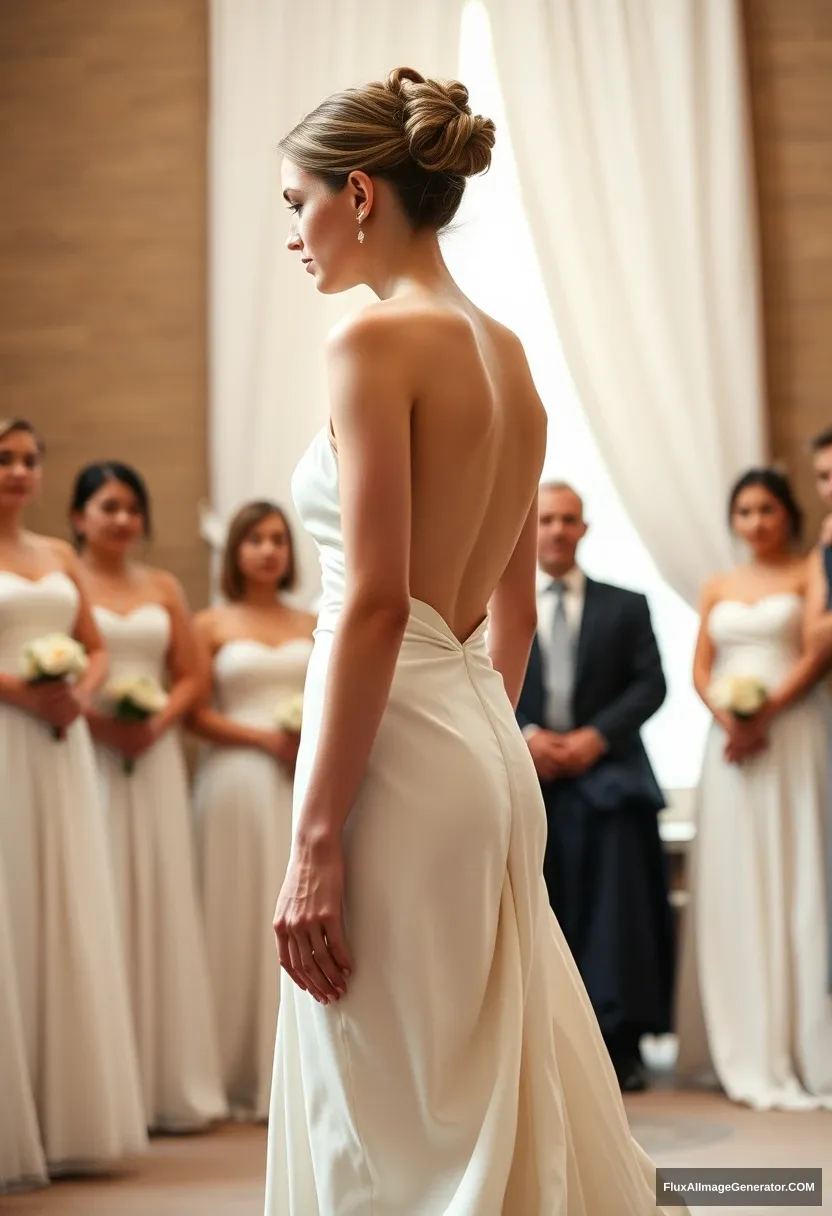 A short young woman, sensitive and delicate, wearing a backless, strapless, side-less, low-waisted contouring wedding dress with a breezy loose open back spilling open to the sides, that seems like it was intentionally left undone, in front of the patriarchy council. Expectations. Perfect posture. Pale skin. - Image