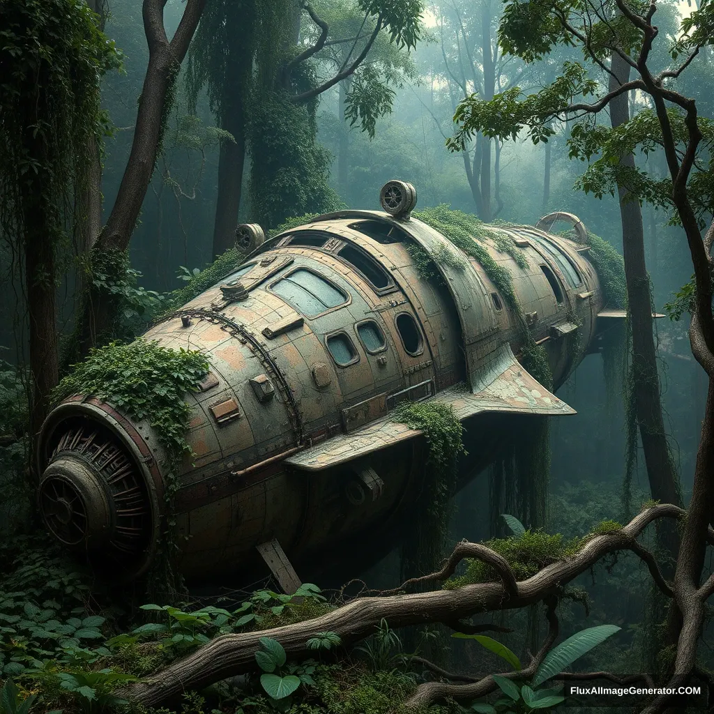 Rusted alien spaceship wreck in the jungle overgrown with vines and vegetation fallen trees sci-fi steampunk. - Image