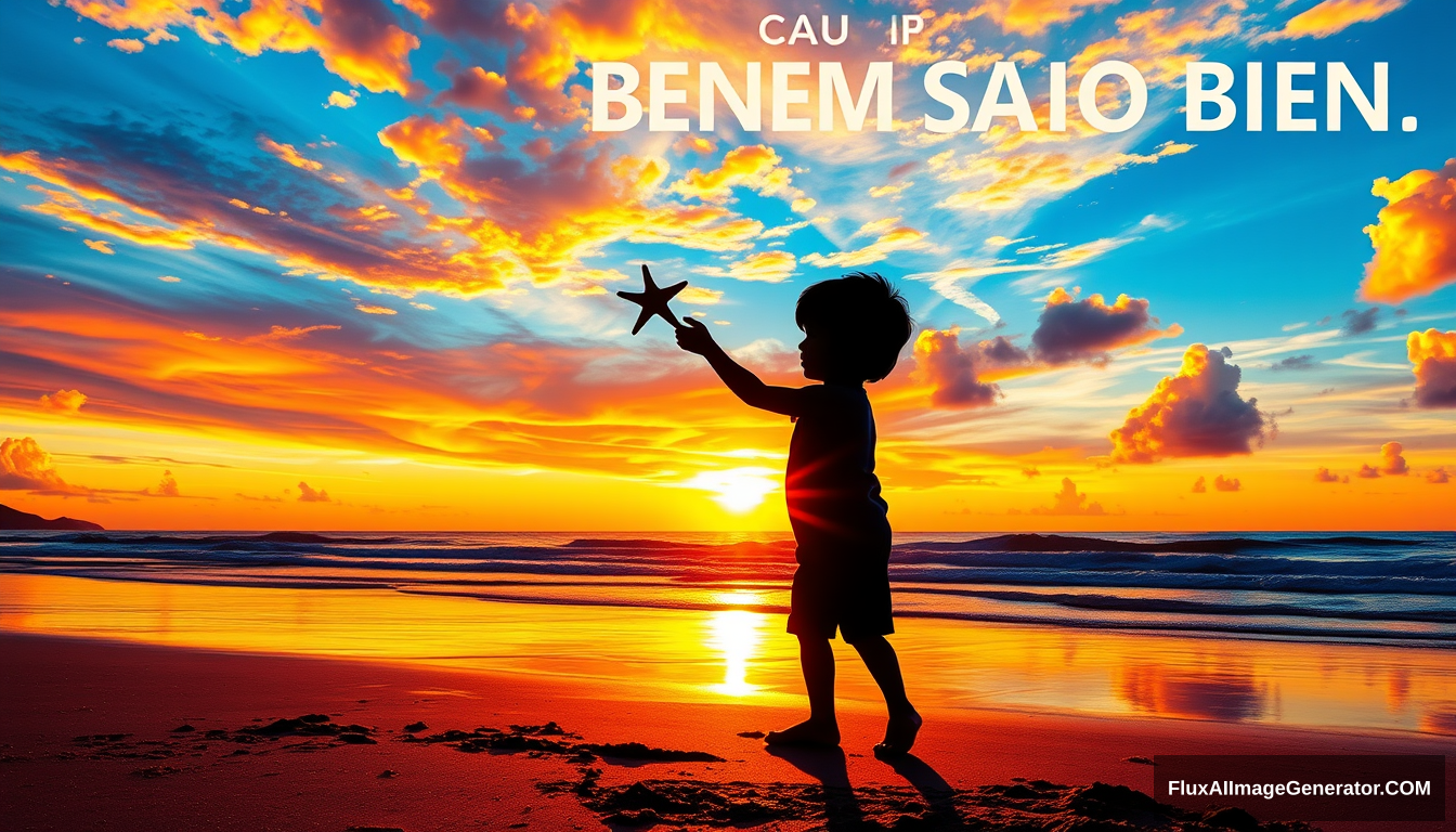 Vibrant sunset beach scene, silhouette of child throwing starfish, colorful sky, reflective ocean, 'CAU BE NEM SAO BIEN' prominent title, digital art style. - Image