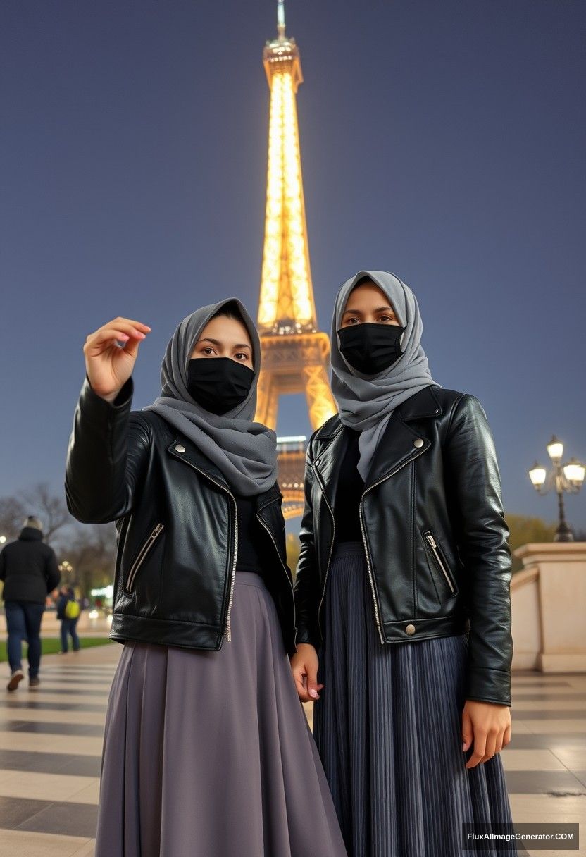 Biggest grey hijab Muslim girl, beautiful eyes, black face mask, leather jacket, biggest longest skirt, standing near the Eiffel Tower, dating Jamie Dornan, tall, collage jacket, black face mask, night scenery, hyper-realistic, photorealistic, take a selfie photo.