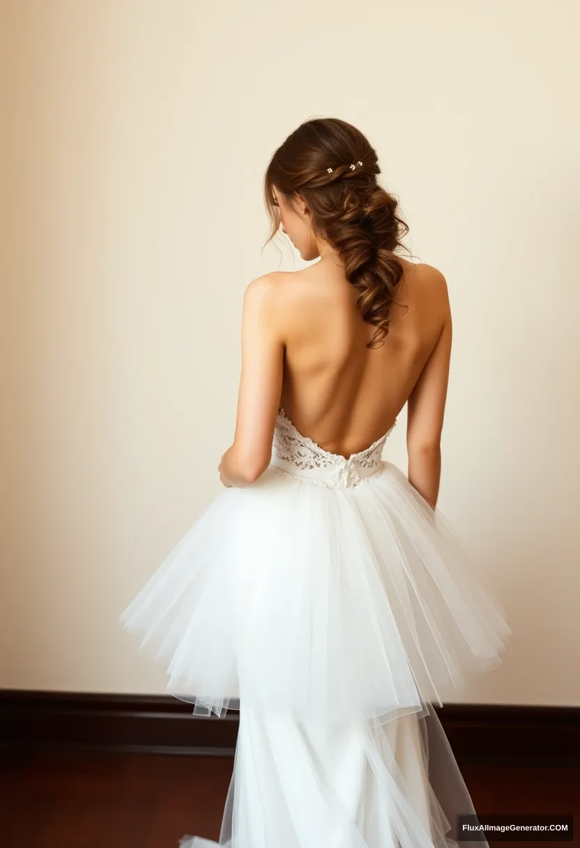 a young woman, sensitive, delicate, ashamed, backless strapless low-waisted airy tutu-inspired wedding dress - Image