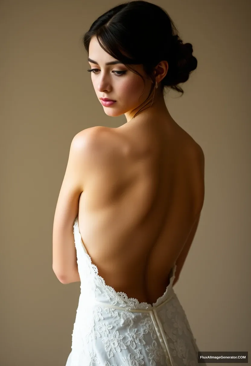 A short young woman, sensitive, delicate, ashamed, wearing a backless, strapless, side-less, low-waisted wedding dress, in the face of patriarchy and expectations.