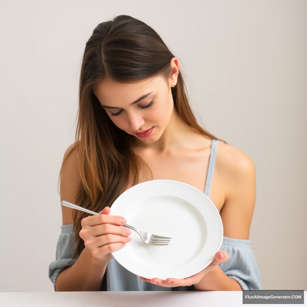 Young woman in front of an empty plate. The woman is looking down at the plate. The woman is holding a fork.