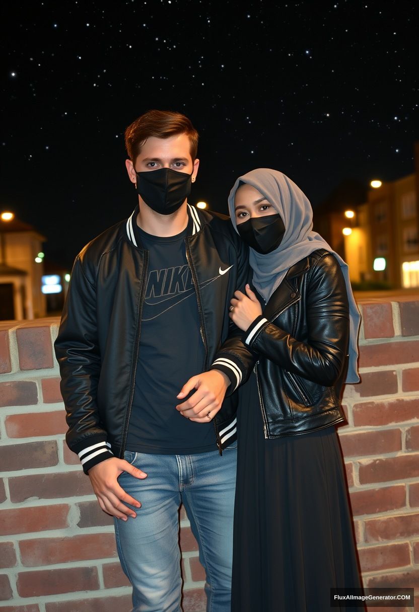 Jamie Dornan, youngest, black face mask, collage jacket, Nike t-shirt, jeans, tall man, fit body,

Dating, love with the biggest grey hijab Muslim girl, beautiful eyes, black face mask, leather jacket, biggest longest skirt, slim, un-tall girl, love holding his arm,

Standing by a brick wall, spoiler, in town, night scenery, Milky Way, hyper-realistic, photorealistic, selfie. - Image