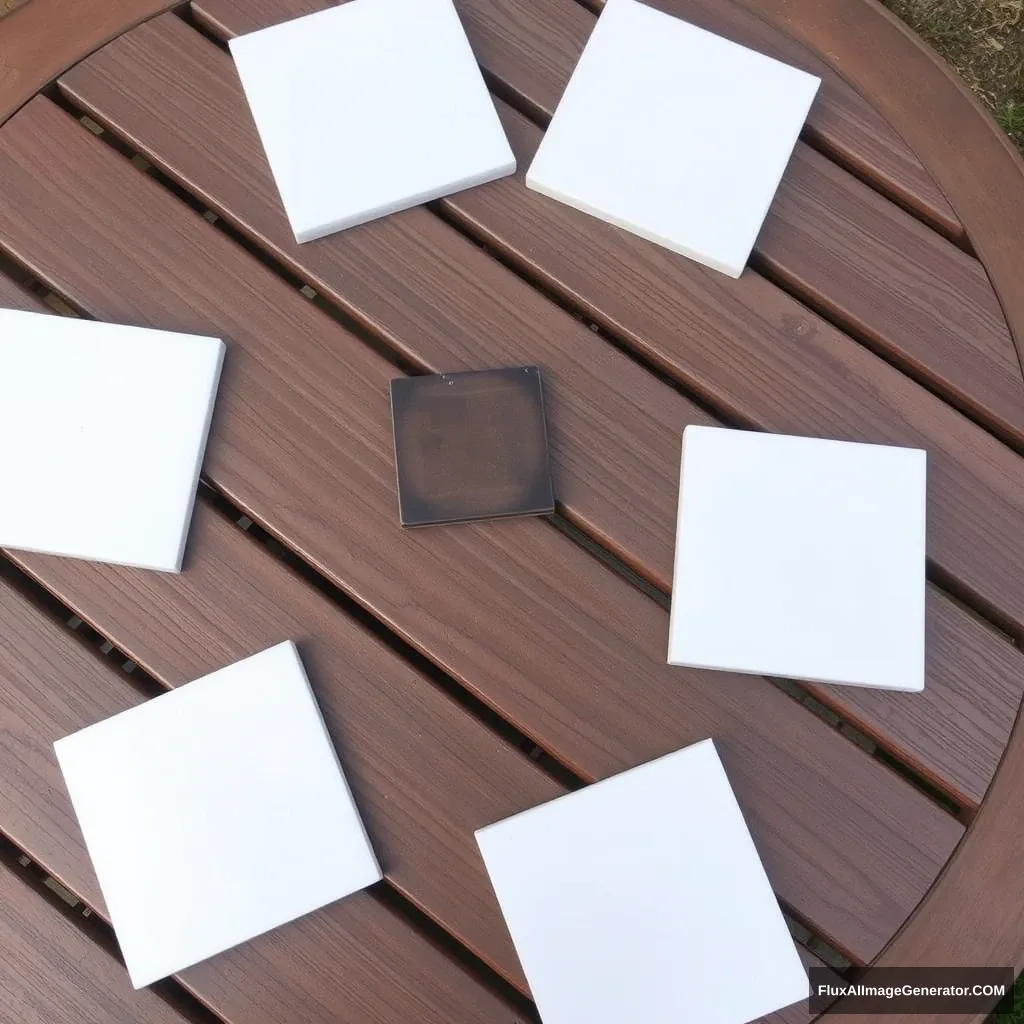 Five white flat squares on a wooden garden table.