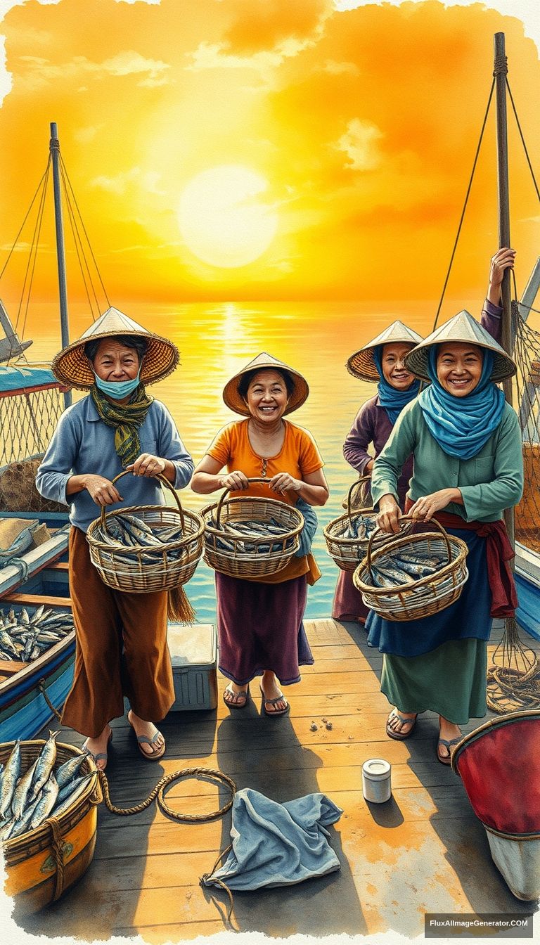 A highly detailed, anatomically accurate watercolor painting designed for packaging artwork. The scene features Vietnamese fishermen and women docking at a harbor at sunrise, joyfully carrying baskets of fresh anchovies. The background includes fishing boats and nets, with a warm, vibrant atmosphere created by the early morning light. The perspective is elevated, as if looking down from a building, capturing the bustling activity and lively expressions of the people. The overall composition is ideal for conveying the authenticity and tradition of the product on the packaging. - Image