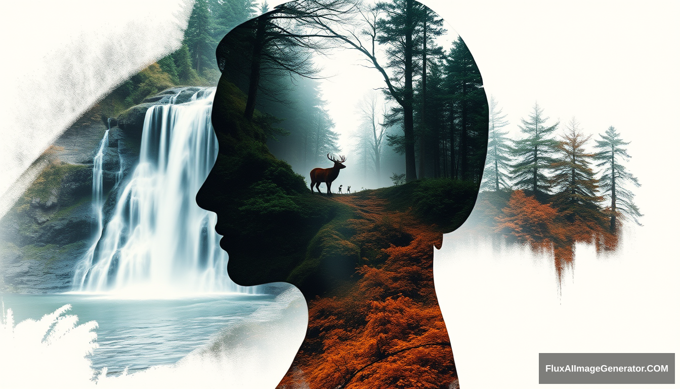 Abstract style waterfalls, wildlife inside the silhouette of a woman's head that is a double exposure photograph. Non-representational, colors and shapes, expression of feelings, imaginative, highly detailed. - Image