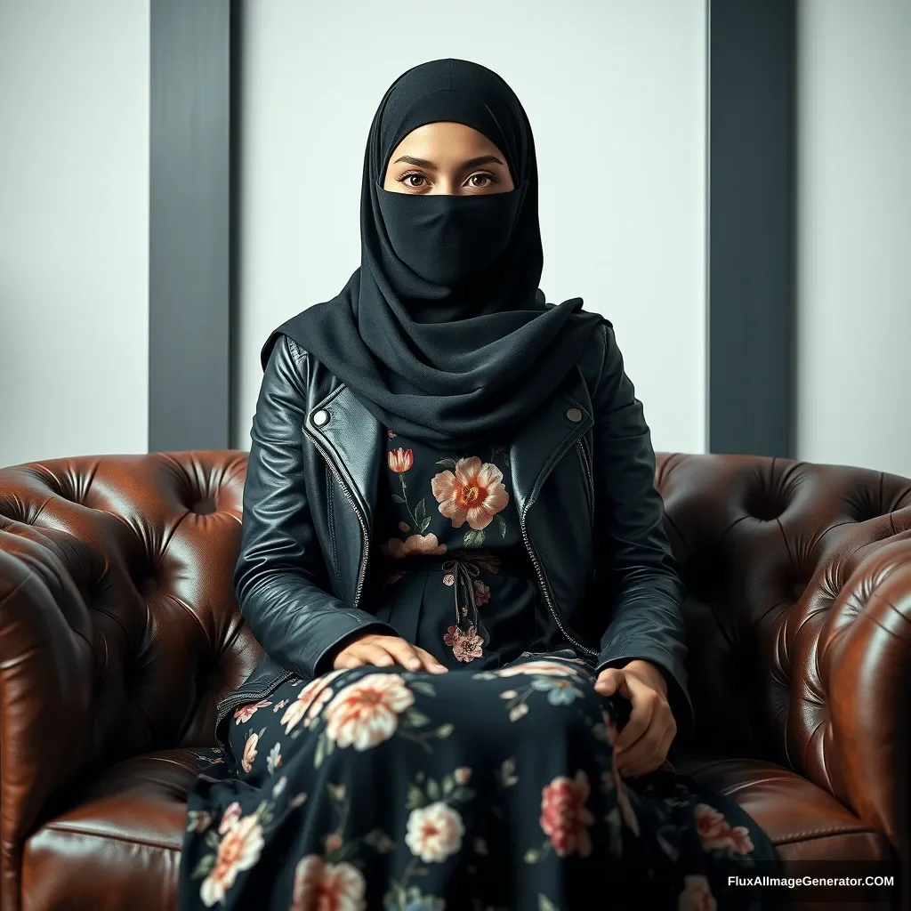 A biggest black hijab girl, burqa, beautiful eyes, black leather jacket, biggest floral long dress, sitting on leather single sofa, hyper realistic, studio photography.