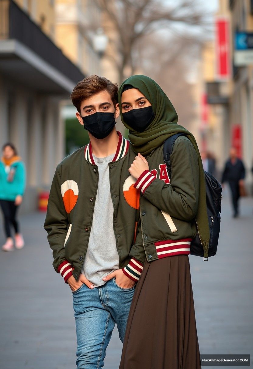 Jamie Dornan, young, black face mask, stylish collage jacket, jeans, red sneakers, romantic dating with the biggest army green hijab, beautiful eyes, black face mask, college jacket, longest skirt, photorealistic, street photography, full photography. - Image