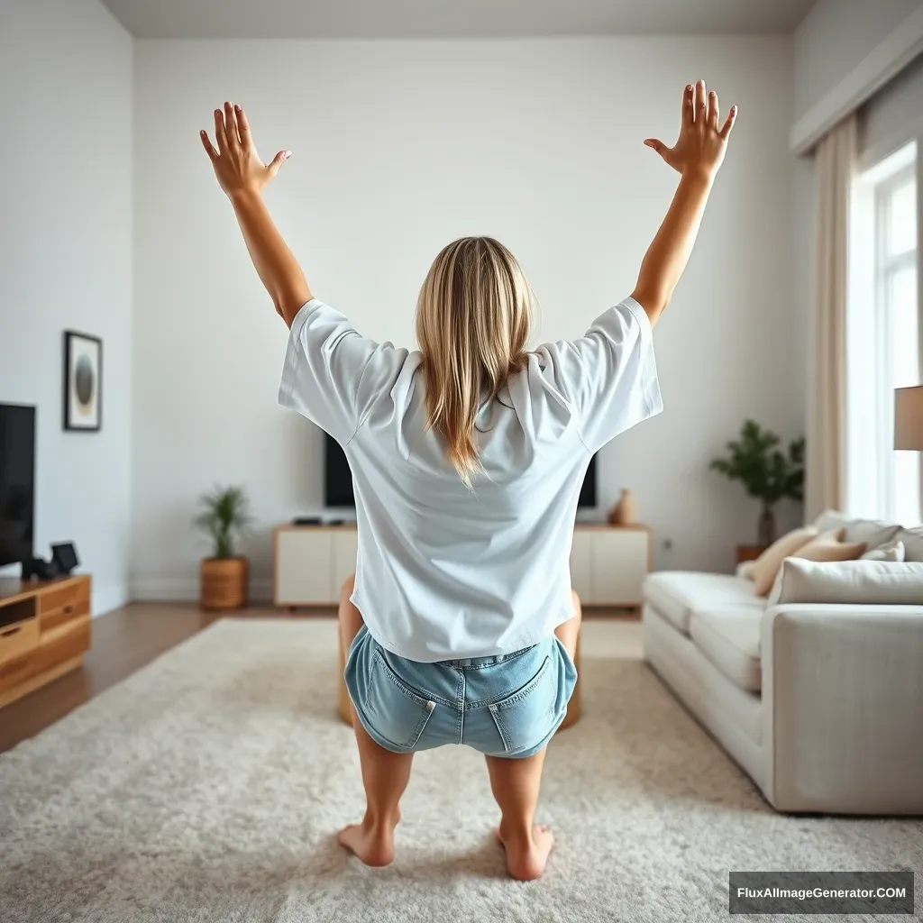 Side view angle of a blonde skinny woman who is in her massive living room wearing a massively oversized white t-shirt that is also very off-balance on one of the sleeves for the shoulders, wearing oversized light blue denim shorts. She is barefoot and facing her TV, diving headfirst into it with both her arms raised below her head and her legs high up in the air, positioned at a 60-degree angle.