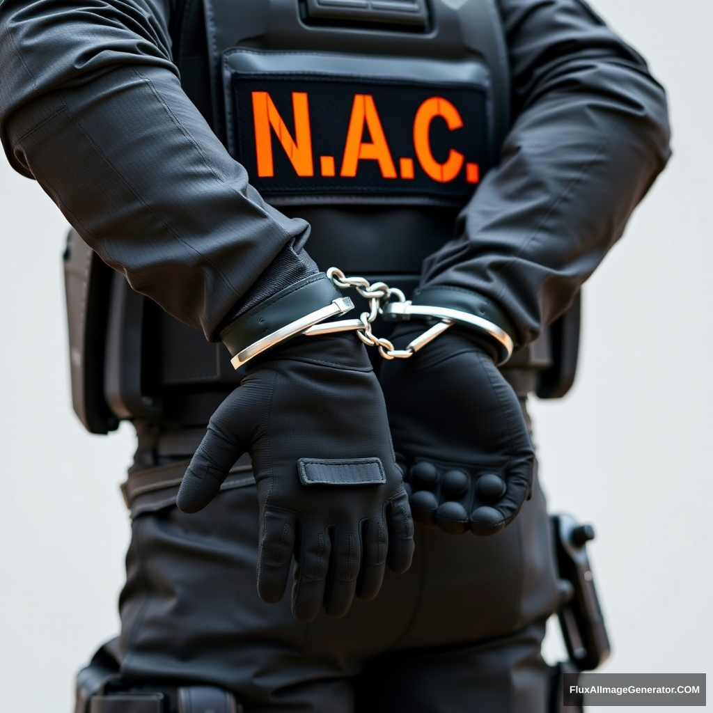 A soldier in black gear with the black and orange inscription N.A.C. is handcuffed in steel, with a shot of his hands in gloves and handcuffs behind his back.