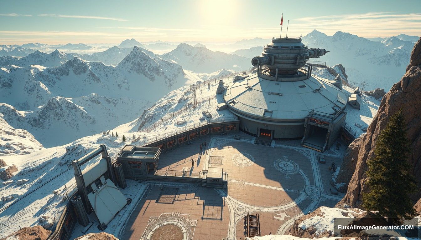 Cel shaded art, wide shot, 45-degree angle shot, a sci-fi center atop a snow-covered mountain, open air, close look, cyberpunk, military base, Star Wars style, indoor, patio, morning, sunlight, fortress, mountain, rock, snow, tarmac, parking apron, cave, tree, landing field, cliff, round shape, tower.