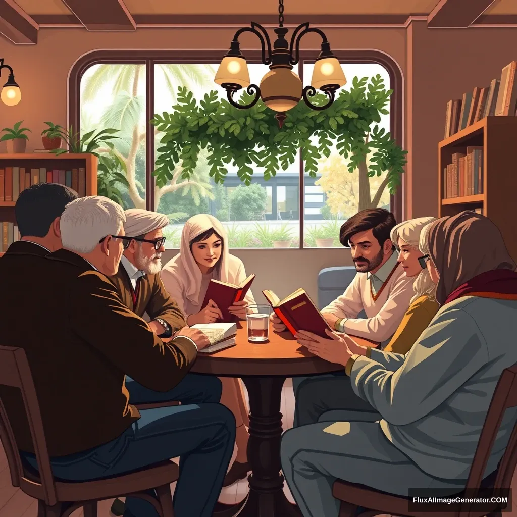 "Create an image of about 10 men and women discussing together through a book club in a nice café." - Image