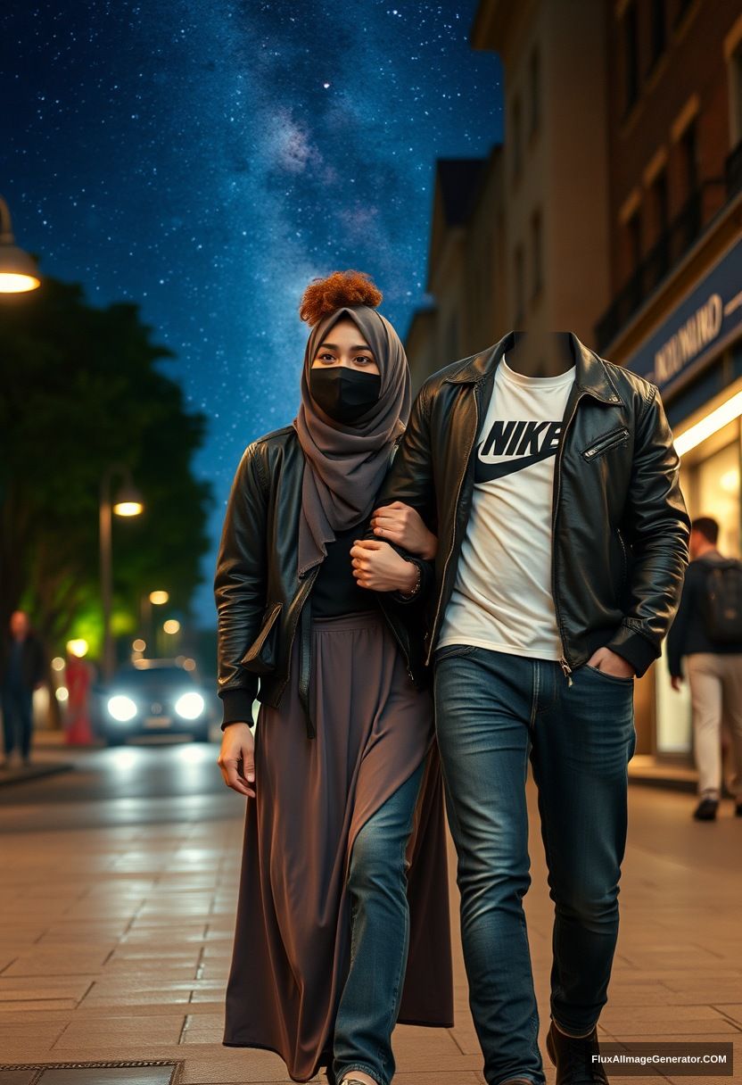 Jamie Dornan, youngest, black face mask, collage jacket, Nike t-shirt, jeans, tall man, fit body,

Dating, love with the biggest grey hijab Muslim girl, beautiful eyes, black face mask, leather jacket, biggest longest skirt, slim short girl, holding his arm.

Walking in town, night scenery, Milky Way, hyper-realistic, photorealistic, street photography.