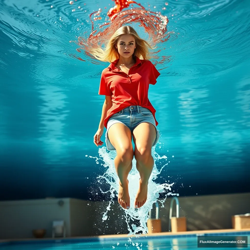 Front view of a young blonde skinny woman with a good tan who is in her early twenties is in her massive backyard wearing a massively oversized red polo t-shirt, which is slightly off balance on one of the shoulders, and the bottom part of her t-shirt is untucked. She is also wearing M-sized light blue denim shorts and no shoes or socks. She dives into her pool, her legs straightened out and halfway underwater, making a big splash.