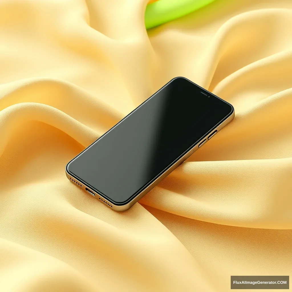 Realistic 3D render, phone lies on textile shapes that flow in the air, green accents --s 750.