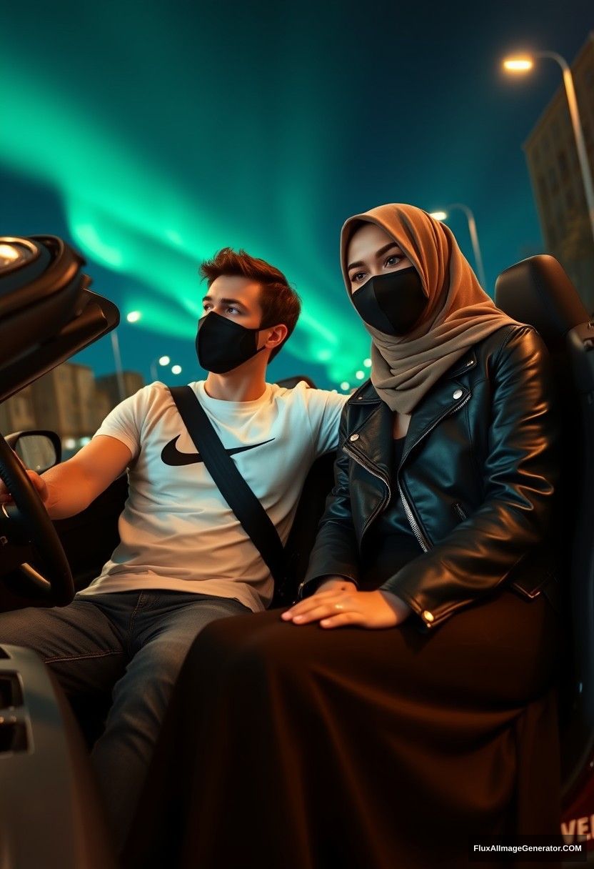 Jamie Dornan, tall, young, wearing a black face mask, a white Nike T-shirt, and jeans, is dating a romantic Hijab-wearing Muslim girl with beautiful eyes, also wearing a black face mask, a leather jacket, and an extremely long and large skirt; she is not tall. They are sitting in a sports car in town, set against a photorealistic night scenery with street photography capturing the aurora borealis. - Image