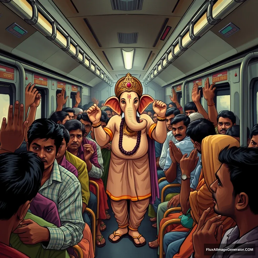 Create an image of Lord Ganesha, depicted as a real human god, traveling in a packed Mumbai local train during the peak rush hour. The train is crowded, with every inch of space filled by daily commuters, all jostling for room. Ganesha, standing calmly amidst the crowd, blends in with the other passengers, dressed in a simple yet traditional kurta-pajama with a touch of divine aura.

The scene should capture the essence of Mumbai's local trains: the hustle and bustle, the energy, and the diversity of people—office workers, students, and vendors—all squeezed together, holding onto the overhead handles or leaning against the doors. Despite the cramped space, there’s a sense of excitement in the air as a few passengers recognize Ganesha. Their expressions range from surprise to joy, with some whispering among themselves and others offering a silent prayer.