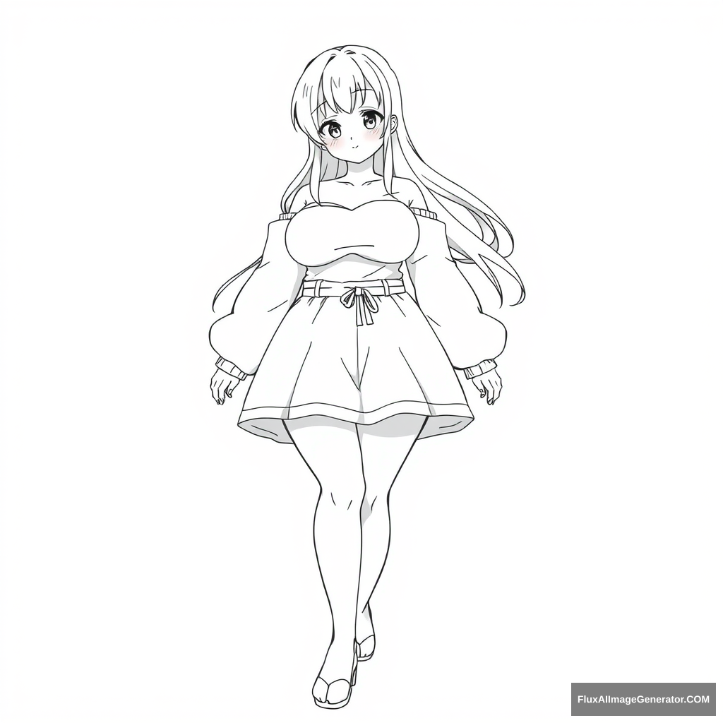 Simple line art of the character for drawing. Anime girl. Very full-figured. - Image