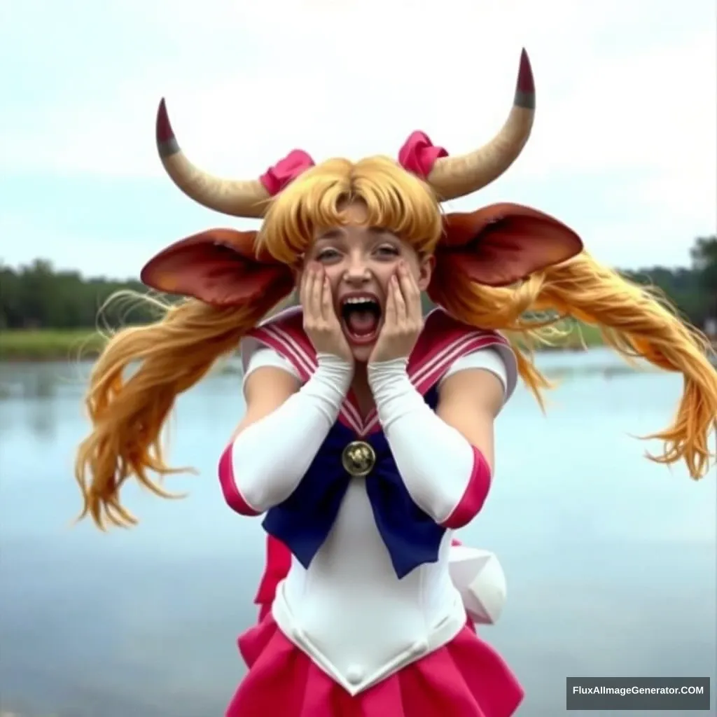 The photograph of the real-life Sailor Moon excellently captures her panicking and freaking out as she is turned into a highly obscene and perverse bovine hybrid.