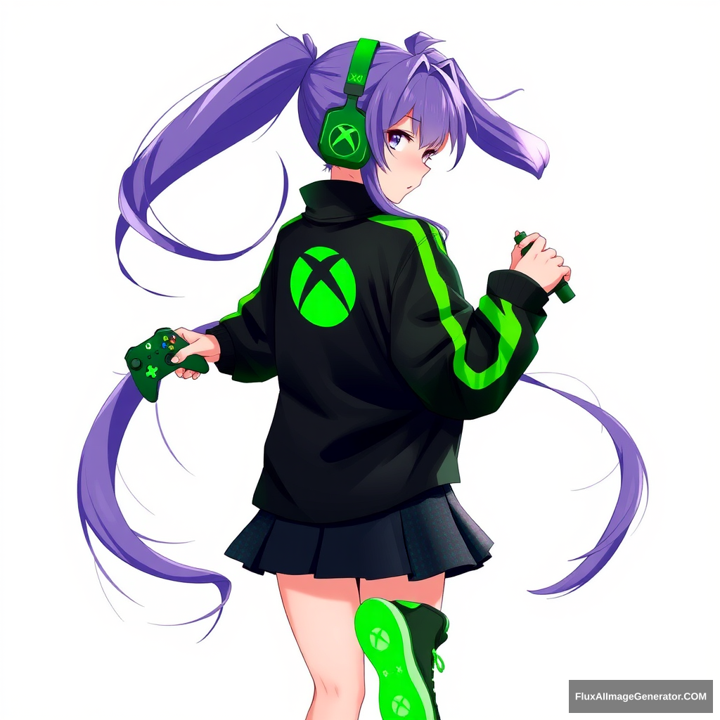 A vibrant anime girl with long, flowing hair, styled in twin-tails, wearing a stylish outfit inspired by Xbox. Her jacket is sleek, black, and green with the iconic Xbox logo on the back. The sleeves have neon-green stripes, and the jacket is slightly oversized, giving it a trendy, streetwear vibe. She wears a matching skirt with a digital pattern resembling an Xbox controller's buttons. Her shoes are high-top sneakers with a glowing green accent. She's holding an Xbox controller in one hand, and her other hand is playfully adjusting her headphones, which also feature the Xbox logo. - Image