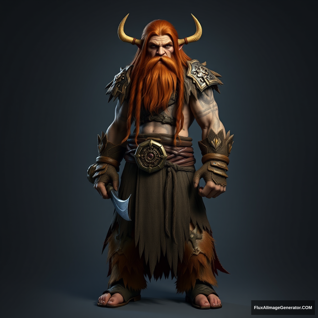 Full body picture of a long brown-haired and short-bearded guy as Durotan the Orc from World of Warcraft. - Image