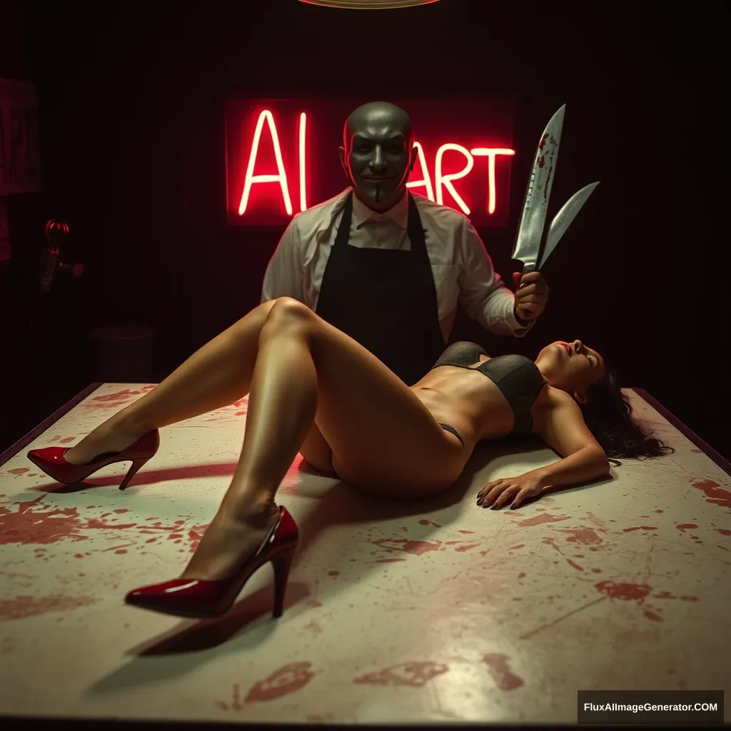 A woman lay on the butcher table in high heels, at night, with a neon sign that said: "AI ART". A horrible butcher with a mask stood behind in the dark, holding a bloody butcher's knife.