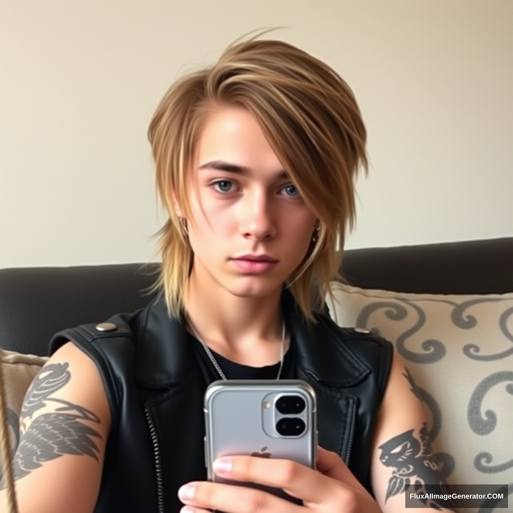 Cute teenage guy, rock/metalhead outfit, shoulder-long hair, masculine features, cute face, 16, sitting on a couch, iphone selfie, mediocre selfie.