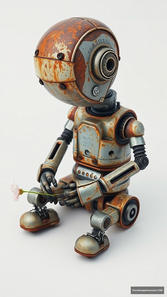 Create an image of an old, rusty robot sitting on a white background. The robot should have a worn, corroded appearance, with its head bowed down, reflecting a deep sense of sadness. In its hands, it gently holds a single flower, adding a poignant contrast to its metallic, aged exterior. The overall scene should evoke feelings of melancholy and solitude, with the white background emphasizing the robot's isolation.