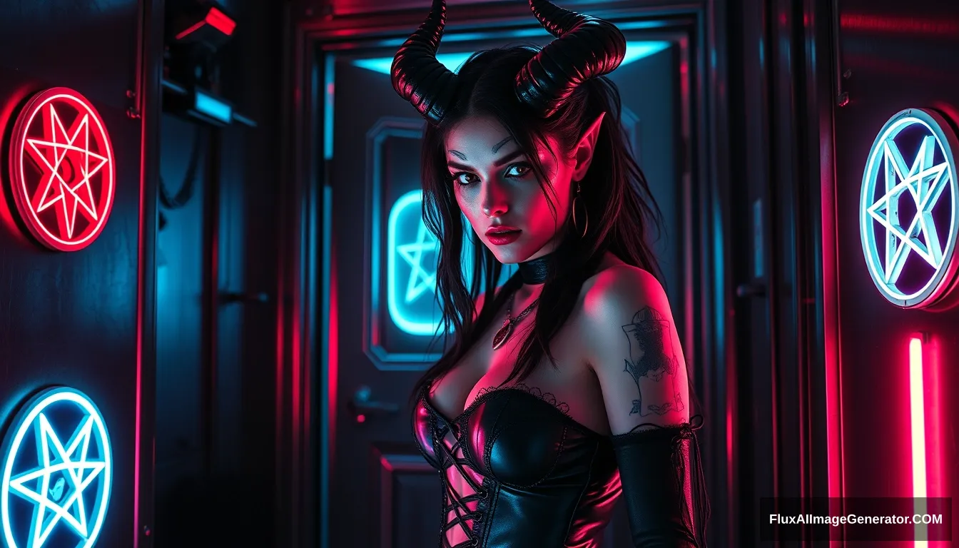 A striking portrait of a beautiful goth woman demon entering a dimly lit cyberpunk room, vibrant neon hues reflecting off metallic surfaces, with glowing pentagrams on the walls and a lurking black cat.