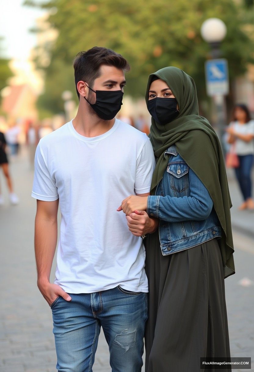 Jamie Dornan, handsome, black face mask, white T-shirt, jeans, sneakers, dating romantically with an army green hijab-wearing Muslim girl, beautiful eyes, black face mask, jeans jacket, longest skirt, not tall girl, holding hands, photorealistic, street photography, full photography, selfie photos.