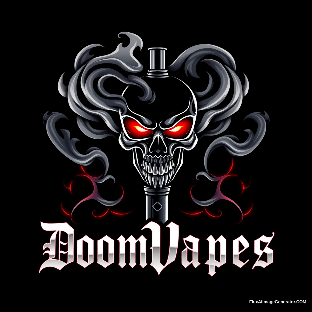 Sleek, menacing logo for DoomVapes, a vape equipment and content company. Stylized smoke forms a skull with glowing red eyes, emerging from a metallic vape pen. Gothic lettering in chrome. Dark background with neon accents. Cyberpunk meets Victorian aesthetics. Professional, edgy design. - Image