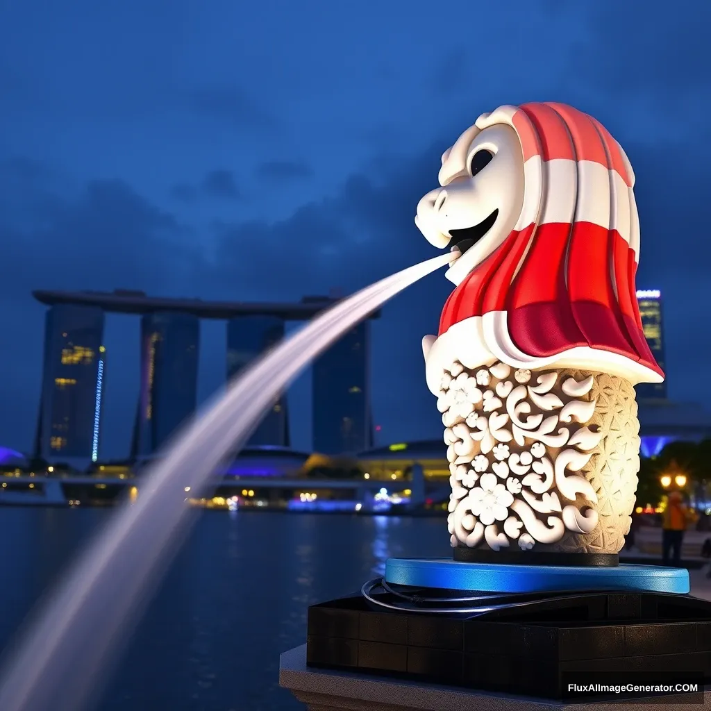 "Singapore flag fill up on Singapore Merlion for Singapore national day" - Image