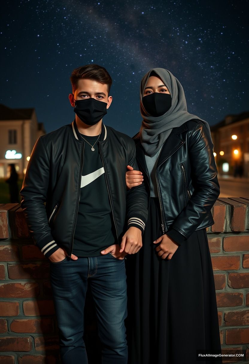 Jamie Dornan, youngest, black face mask, collage jacket, Nike t-shirt, jeans, tall man, fit body,

Dating, love with the biggest grey hijab Muslim girl, beautiful eyes, black face mask, leather jacket, biggest longest skirt, slim, not tall girl, love holding his arm,

Standing at a brick wall, spoiler, in town, night scenery, Milky Way, hyper-realistic, photorealistic, selfie.