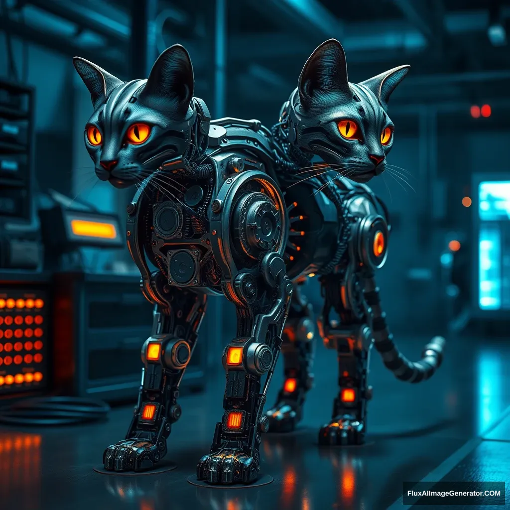 A biomechanical feline cyborg, its legs intricately exposed, revealing a mesmerizing array of glistening gears and pulsating circuits. Hyper-realistic rendering captures every minute detail, from oil-slicked metal to flickering LED lights. Set in a dimly lit laboratory, the cat's eyes glow with eerie intelligence.