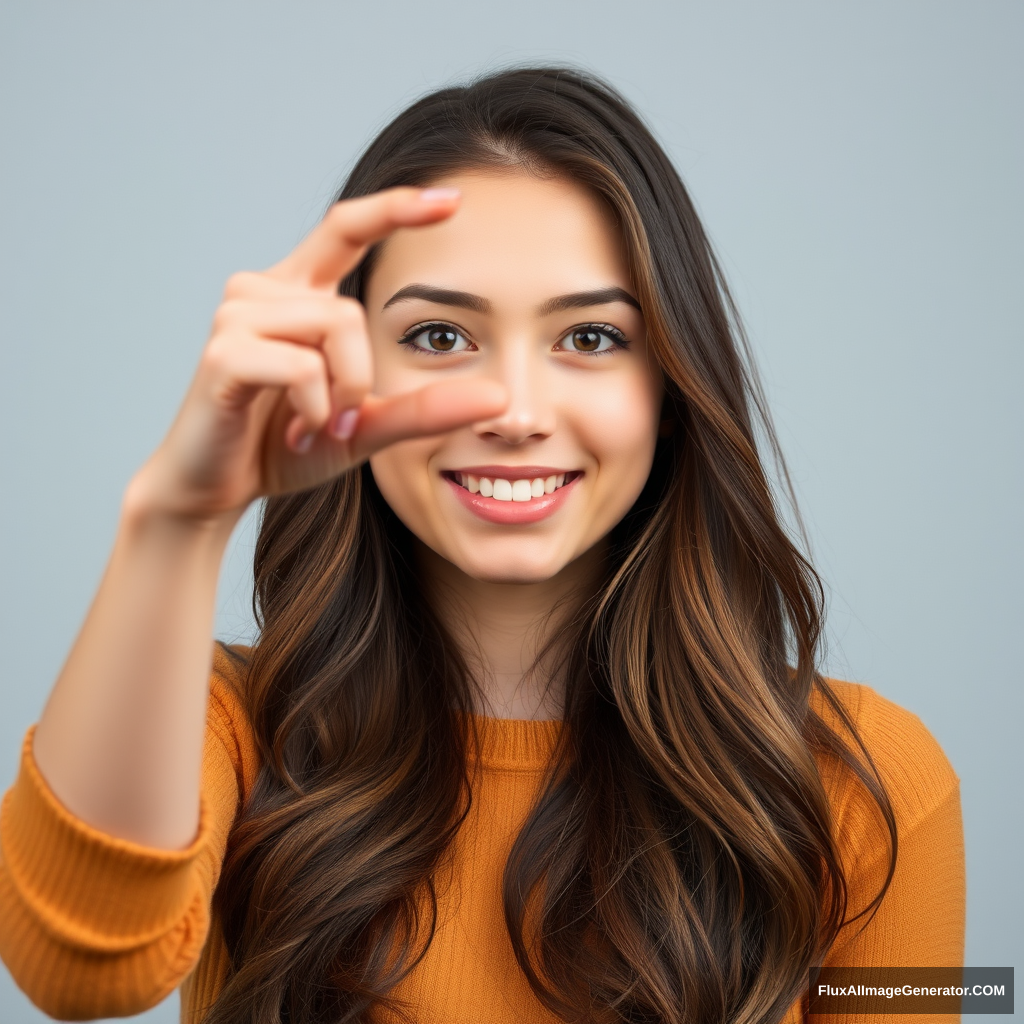 Young woman holding an invisible object between her fingers.