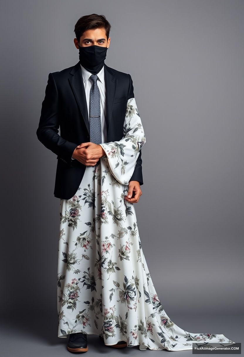 A biggest black hijab girl, beautiful eyes, face mask black, biggest white floral longest dress, not tall, standing, holding his arm

Jamie Dornan, youngest, black suit coat, white shirt, grey pattern tie, black leather sneakers, tall man, face mask black, fit tough body, standing near her, love couple

hyper realistic, studio photography, photorealistic