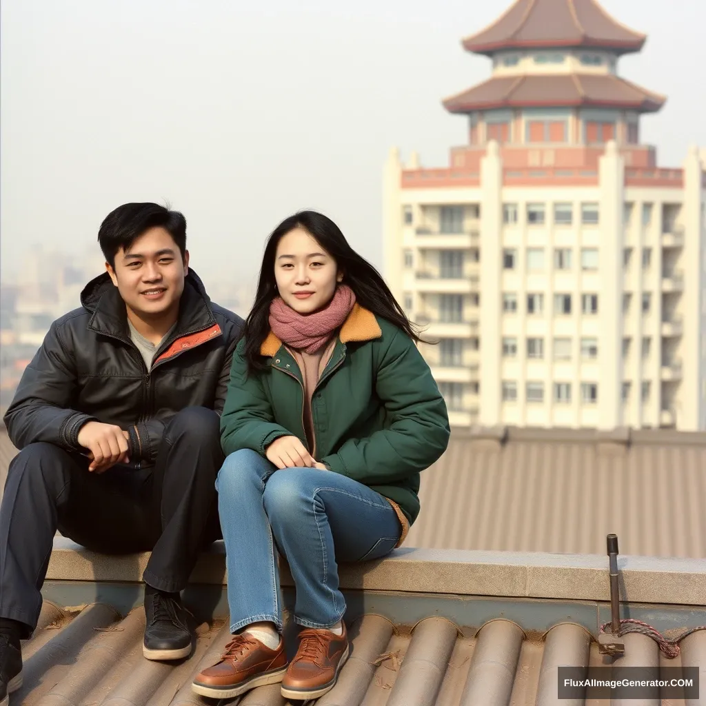 A pair of young Chinese lovers, wearing jackets and jeans, sitting on the roof, the background is Beijing in the 1990s, and the opposite building can be seen. - Image