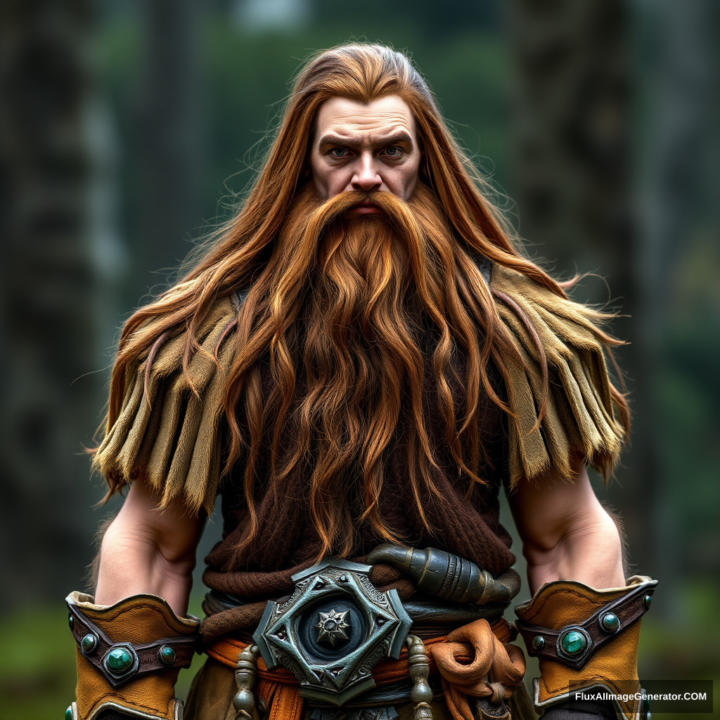 Full body picture of a long brown-haired, short-bearded guy as Durotan from World of Warcraft.