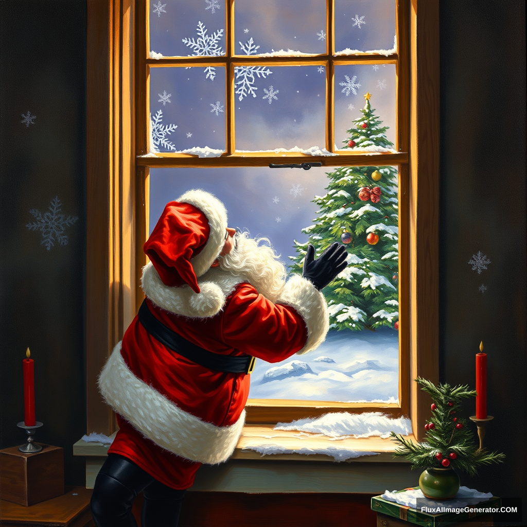 Santa is trying to get in the 2nd floor window, a painting by Authur Sarnoff, 4k.