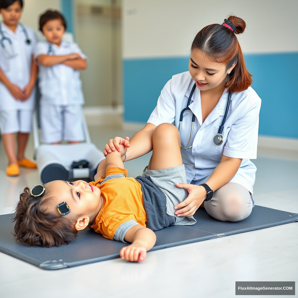 A child with cerebral palsy is undergoing rehabilitation training under the leadership of a rehabilitation specialist. The child is lying on the floor mat, and the rehabilitator is bending the child's right leg. The rehabilitation staff wore white doctor's uniforms and the children wore short-sleeved shorts. - Image