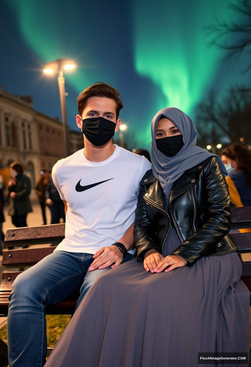 Jamie Dornan, tall and young, wearing a black face mask, a white Nike T-shirt, and jeans, dating a beautiful Muslim girl in a grey hijab, with striking eyes, wearing a black face mask and a leather jacket, with a very long and voluminous skirt. She is not tall. They are sitting together on a park bench in the town, with strangers in the background. The scene is photorealistic, reminiscent of street photography and selfie photos, set against a night backdrop featuring the aurora borealis.