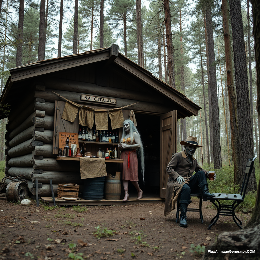 Real-life photography, wide shot: In the forest, there is a wooden cabin where a female barbarian resembling Sailor Moon is selling alcohol, and a dressed zombie comes to buy some. Next to the cabin, there are a table and two chairs, with a zombie wearing a hat sitting and drinking.