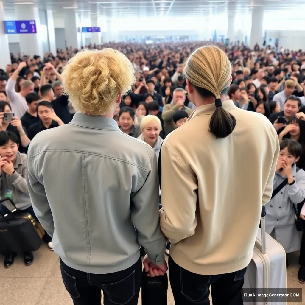 A man with curled, blonde hair that reaches his ears and a man with low pony-tailed ebony hair are holding each other's hands in front of a huge crowd of fans at the airport, showing their backs. Both are styled like K-pop idols, and the blonde man is taller. - Image